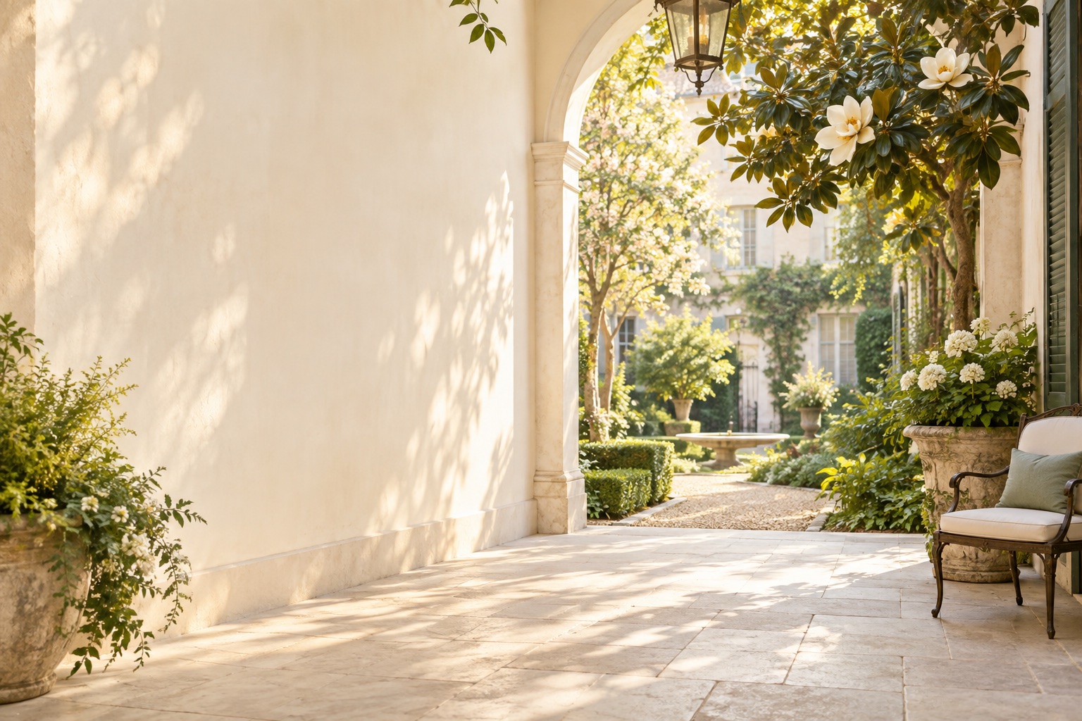 Sunlit New Orleans garden veranda with magnolia blooms and a quiet chair