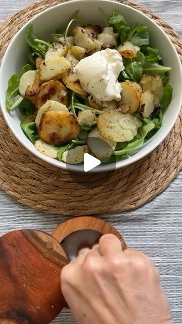 Seared dill and garlic potatoes over arugula salad.